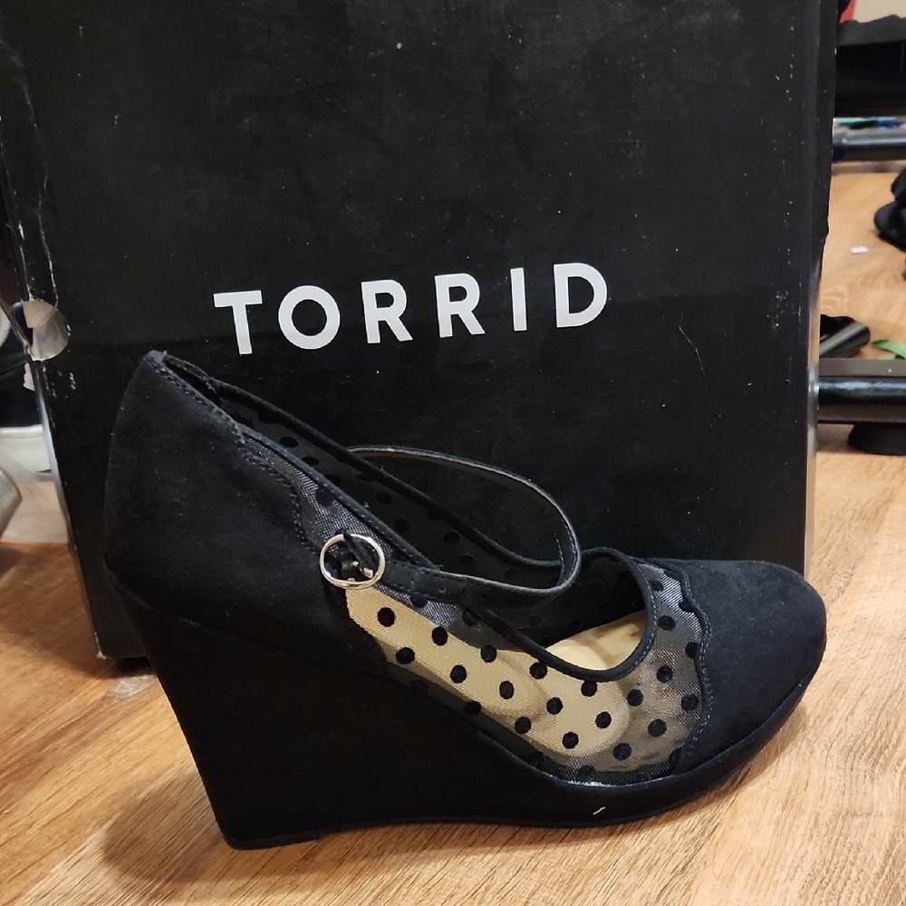 Torrid Black Wedges with Polka Dot Mesh